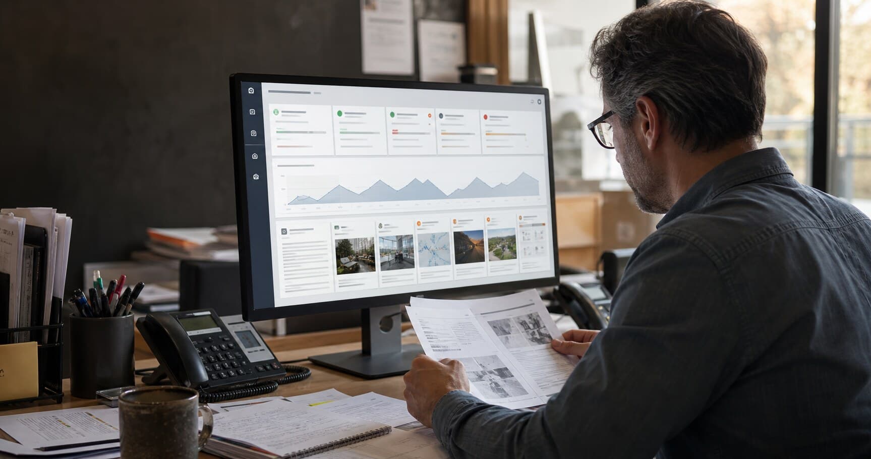 A leader reviewing an operational briefing and evidence at a desk
