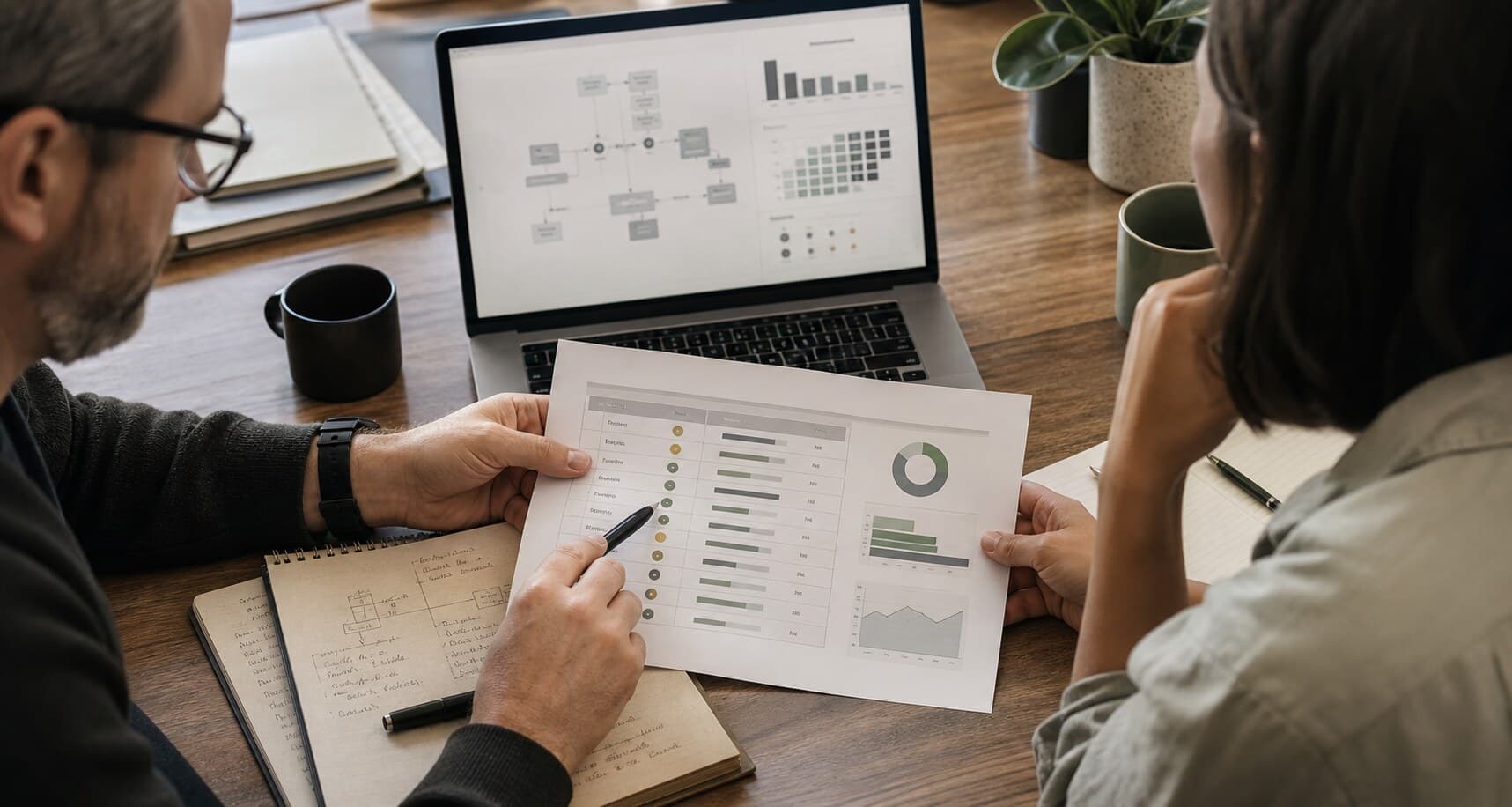 Two people reviewing an AI readiness scorecard alongside a workflow overview