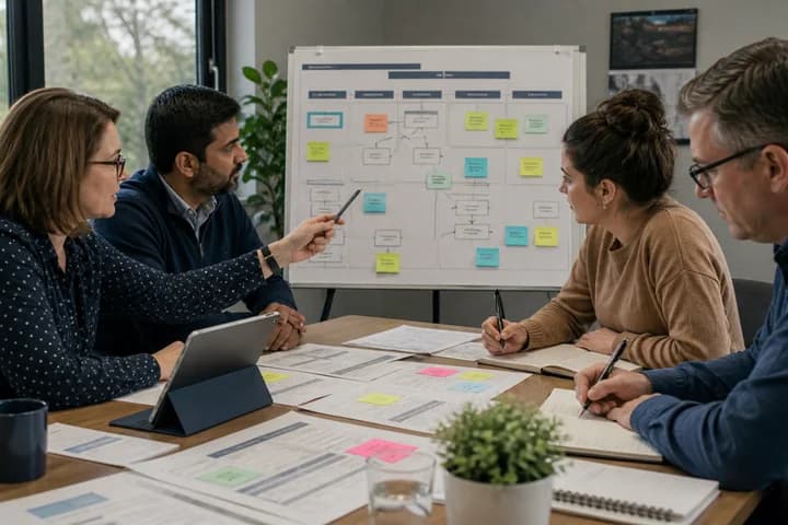An operations team reviewing data controls, approval points, and human oversight