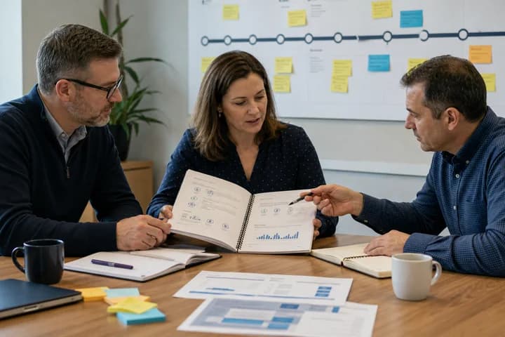 Organizational leaders using an implementation guide to agree on their next action