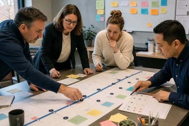 A project team assigning owners, measures, dependencies, and milestones on a pilot roadmap