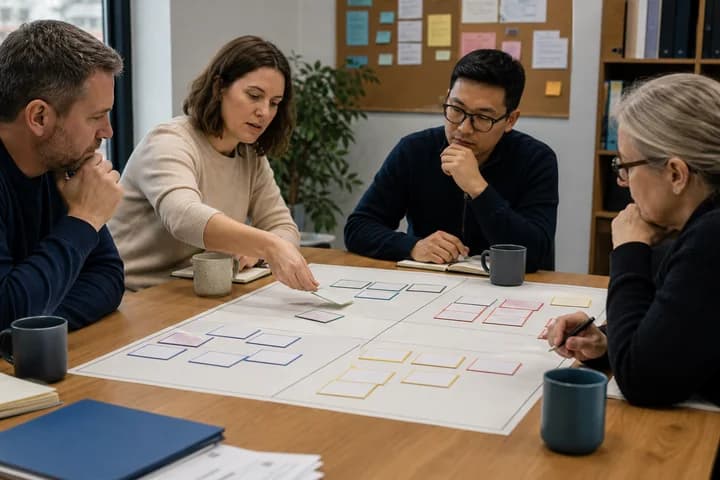 A team comparing opportunity cards on a value and feasibility matrix