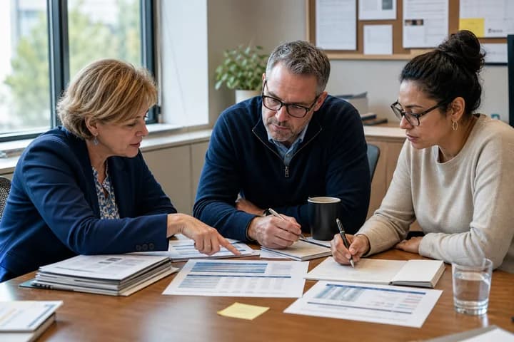A facilitator and two organizational leaders reviewing readiness evidence together