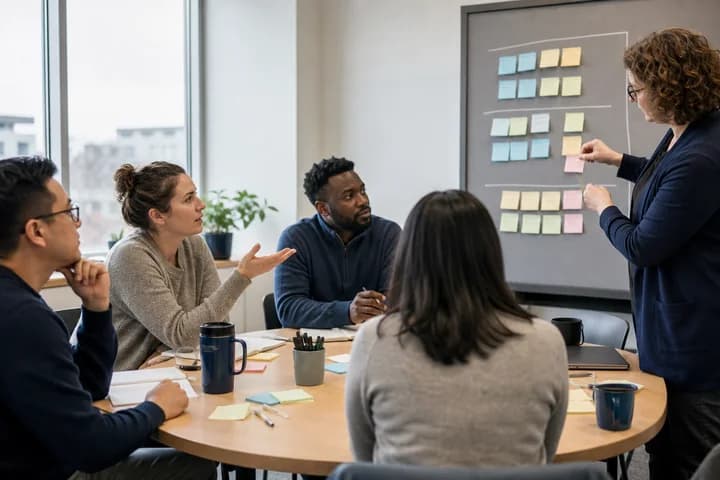 A cross-functional team discussing AI confidence and support needs in a facilitated session