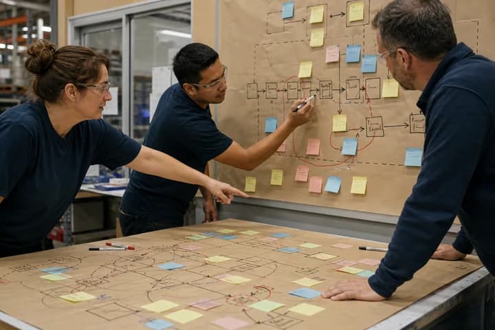 Frontline employees tracing handoffs and bottlenecks on a detailed workflow map