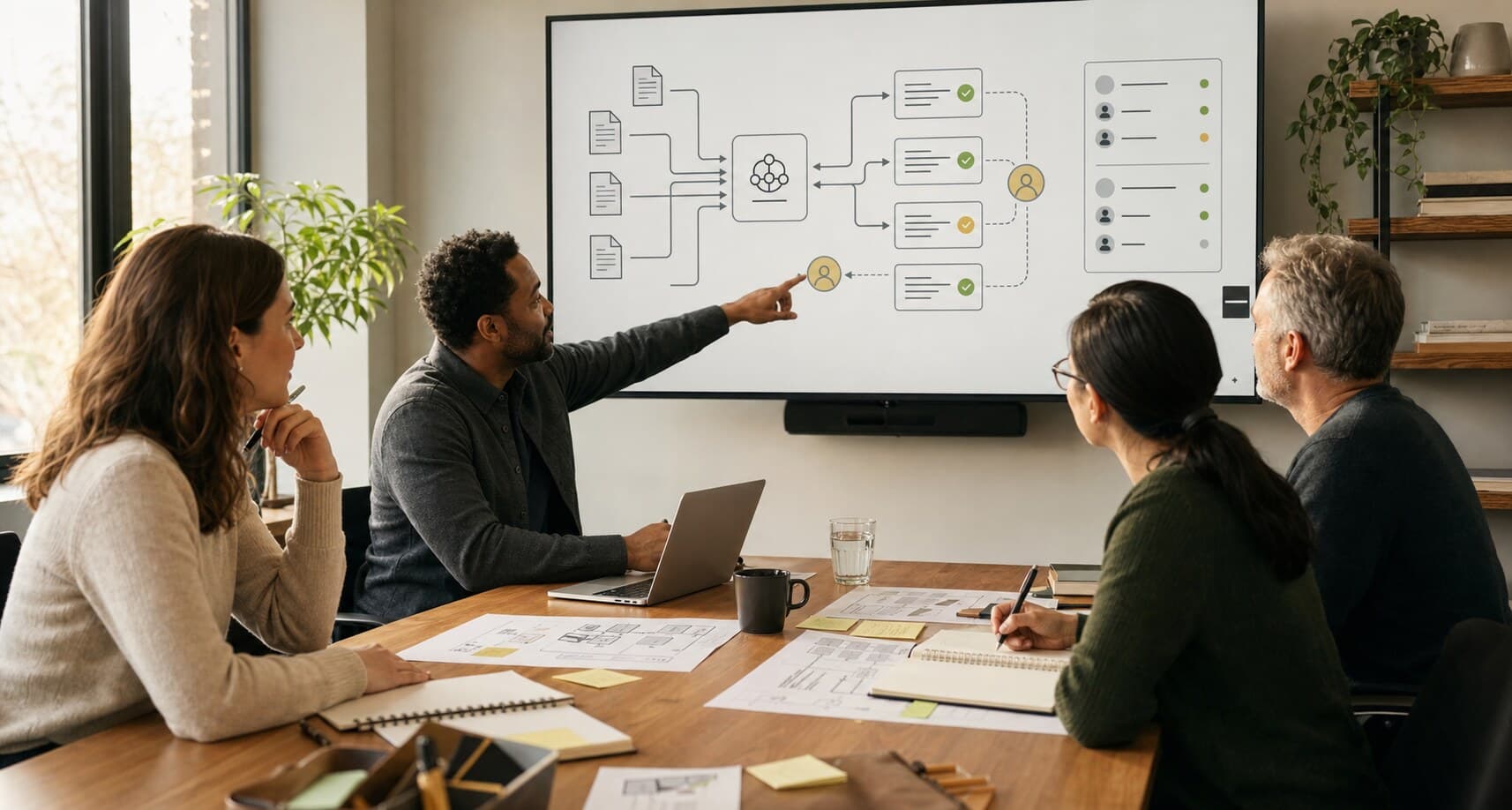 A facilitated team mapping an AI-assisted workflow with human review points