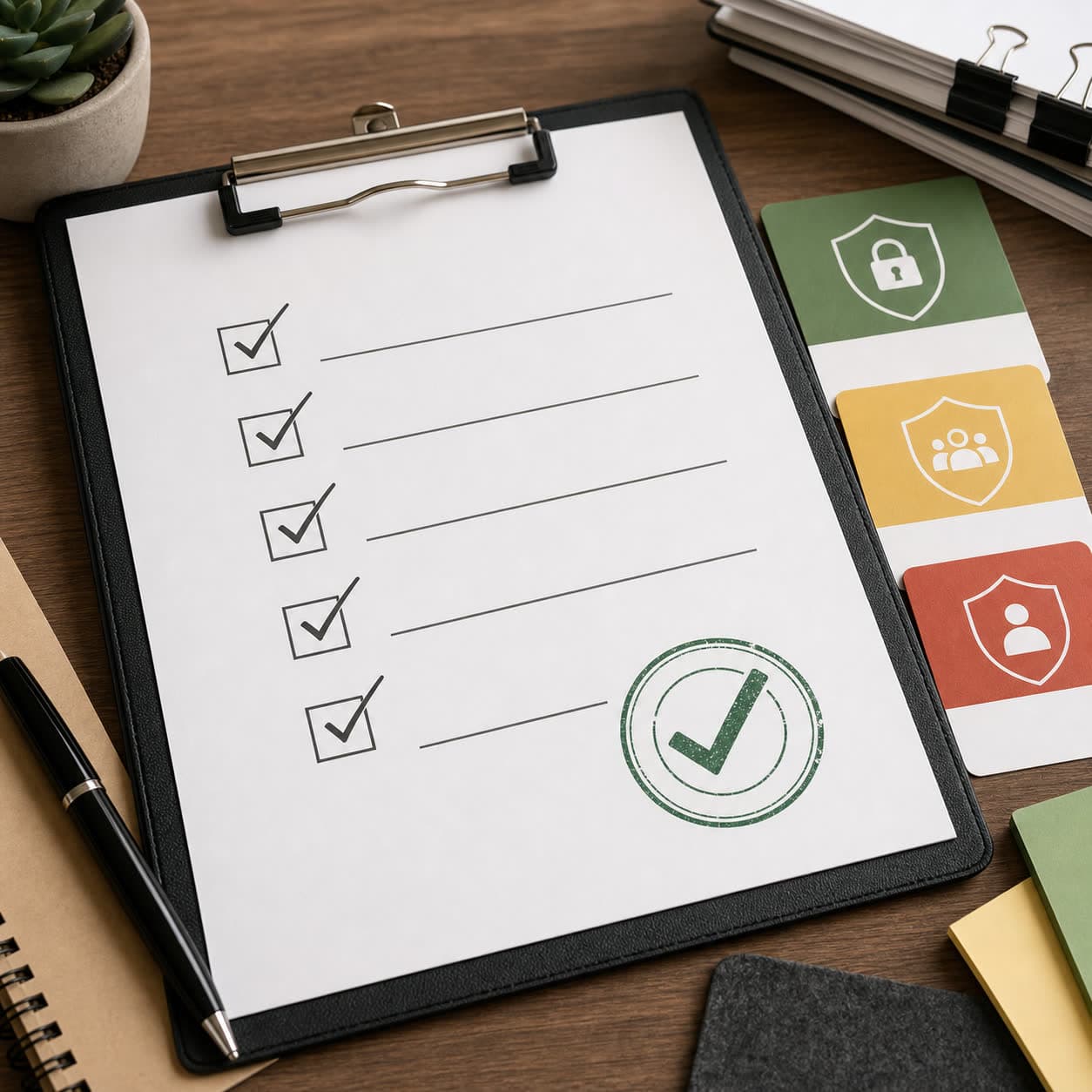 Warm checklist desk scene for safe AI decisions
