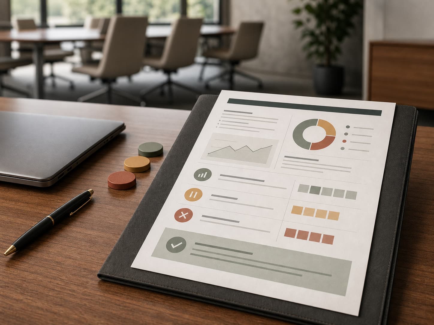 Executive pilot decision brief with measured go, pause, and no-go markers in a boardroom