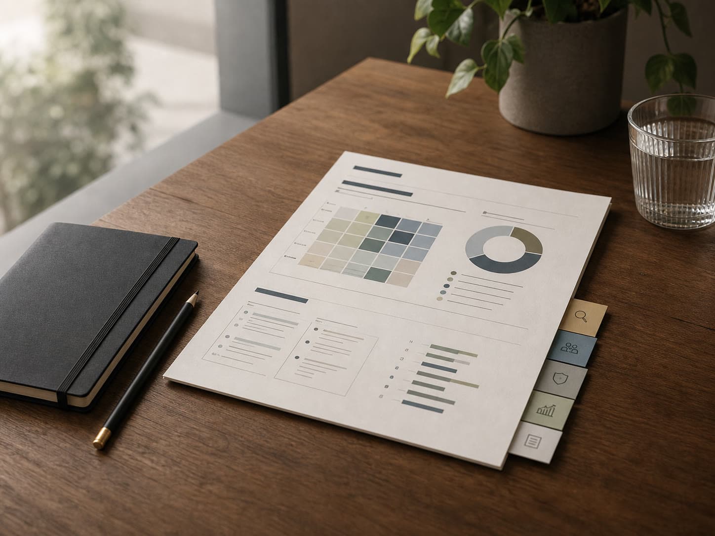 Readiness assessment summary with a decision-focused grid and evidence tabs on a warm wood table